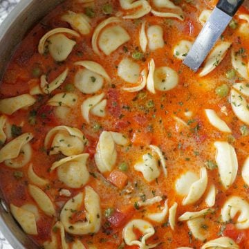 creamy cheese tortellini soup in pot with ladel