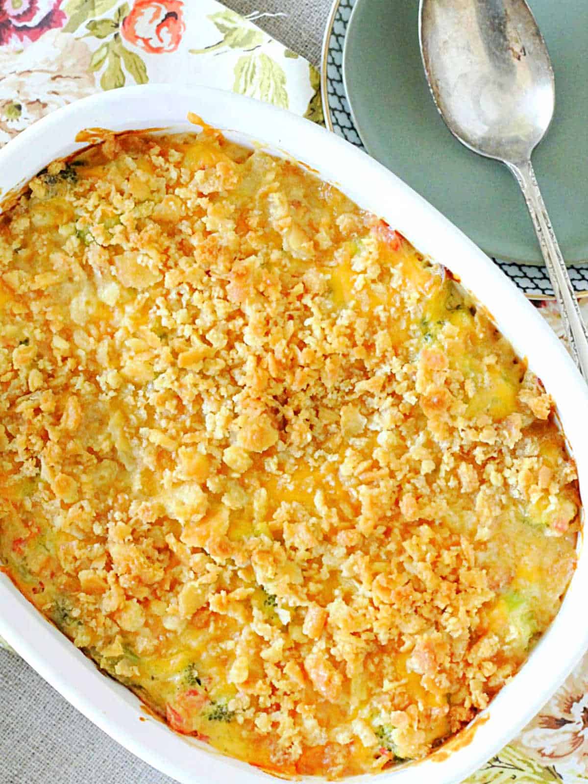 freshly baked broccoli casserole in the dish