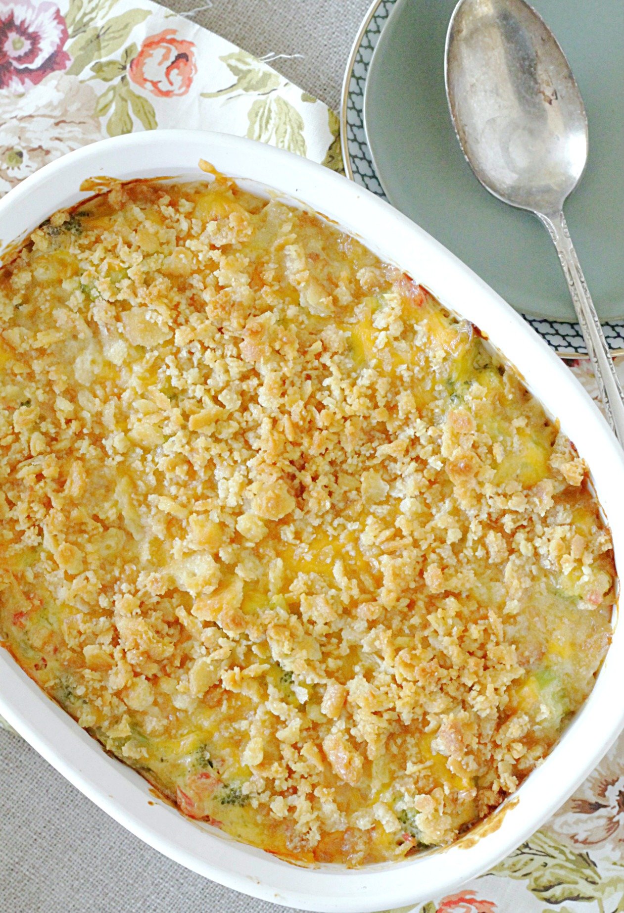 cheesy pimento broccoli casserole overhead view