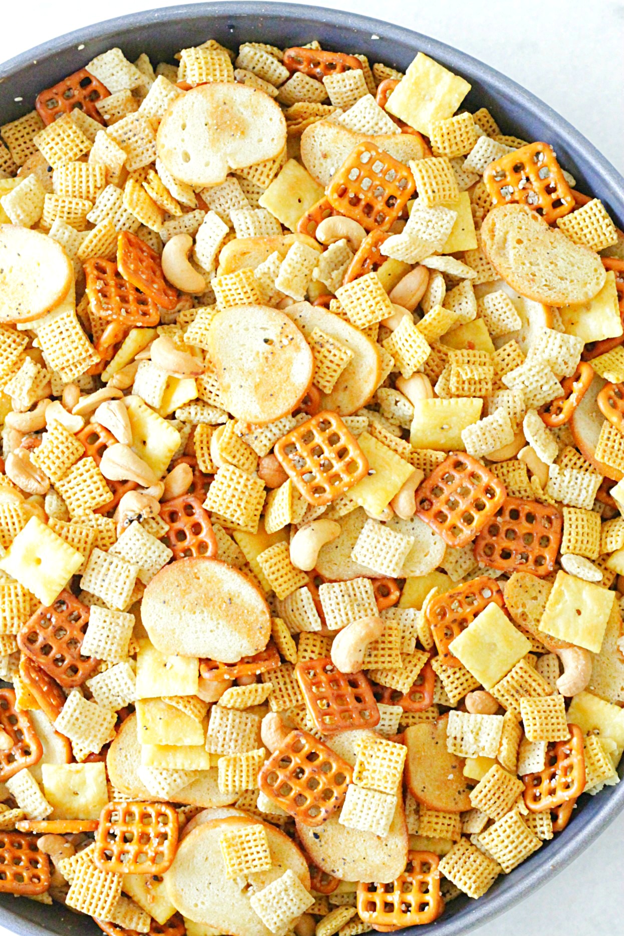 ultimate chex party mix in pan