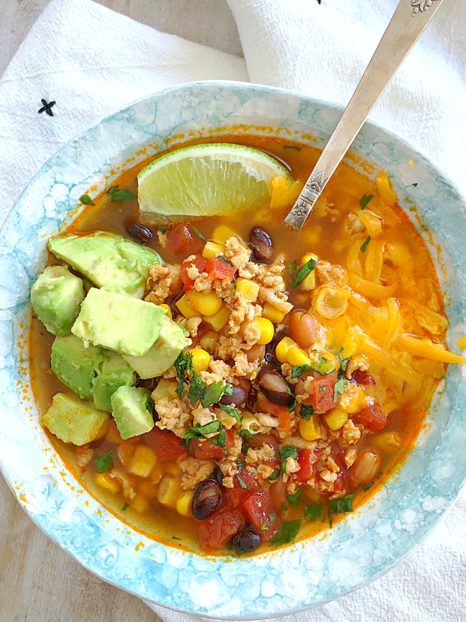 instant pot turkey taco soup in bowl with spoon