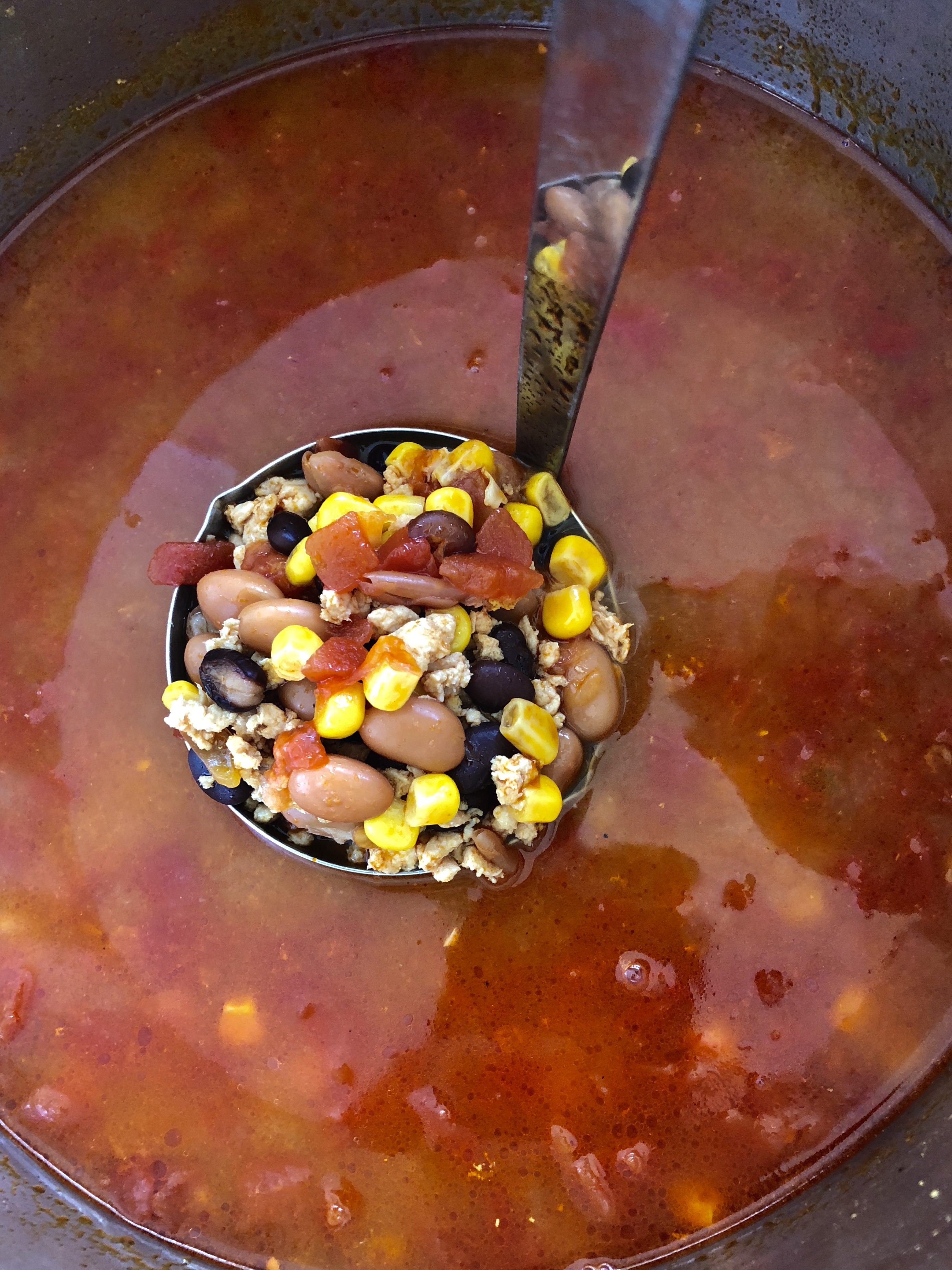 instant pot turkey taco soup in the instant pot with ladle