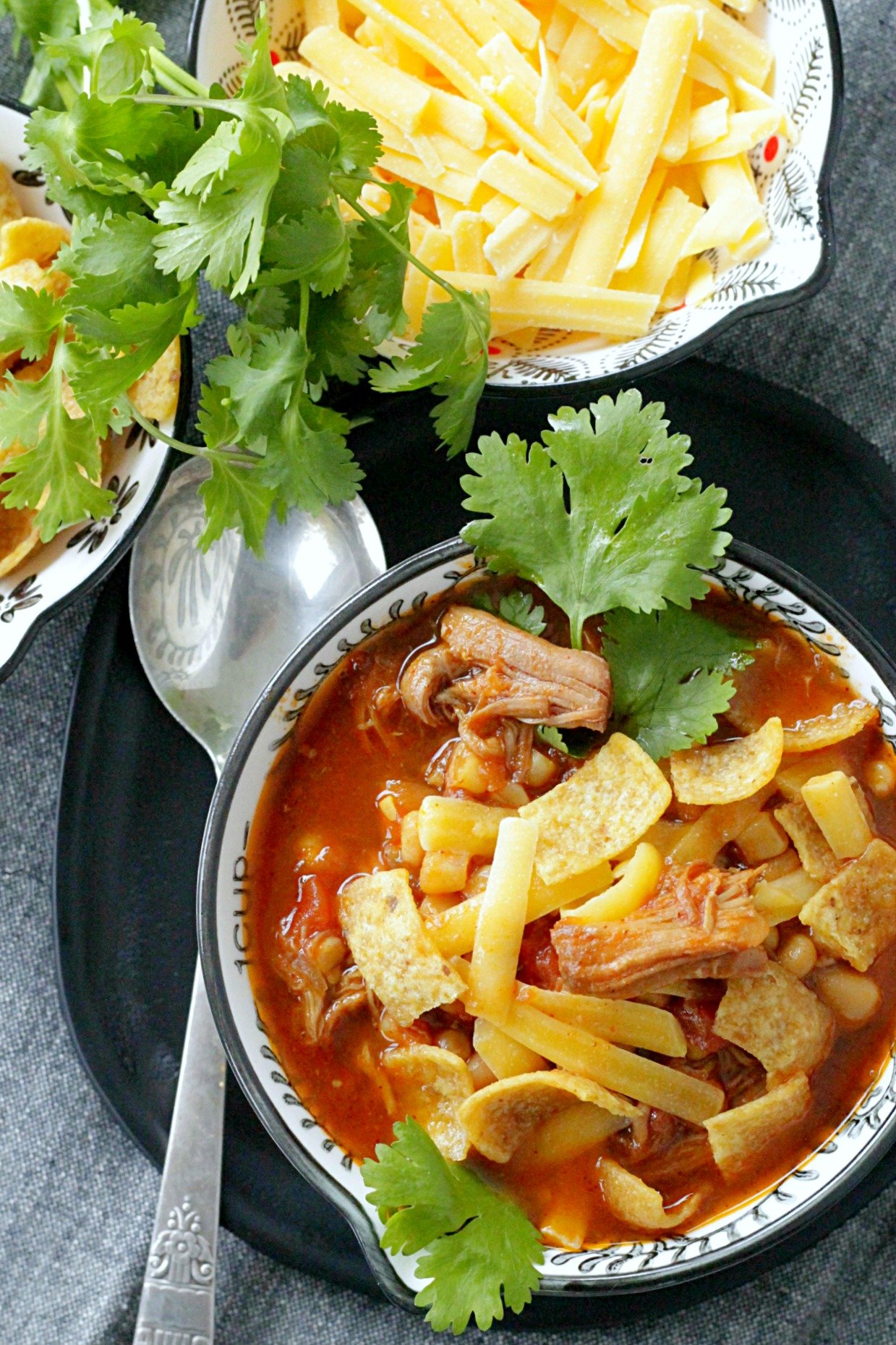 slow cooker pulled pork chili overhead view