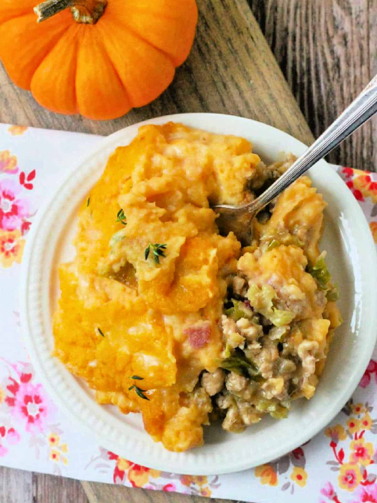 a plated serving of pumpkin shepherds pie