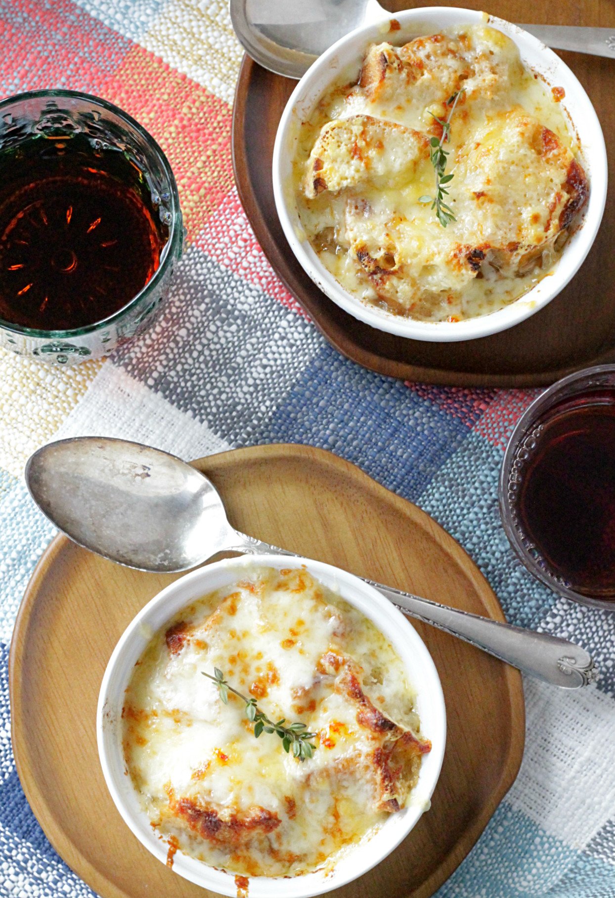 french onion chicken soup overhead view with two bowls