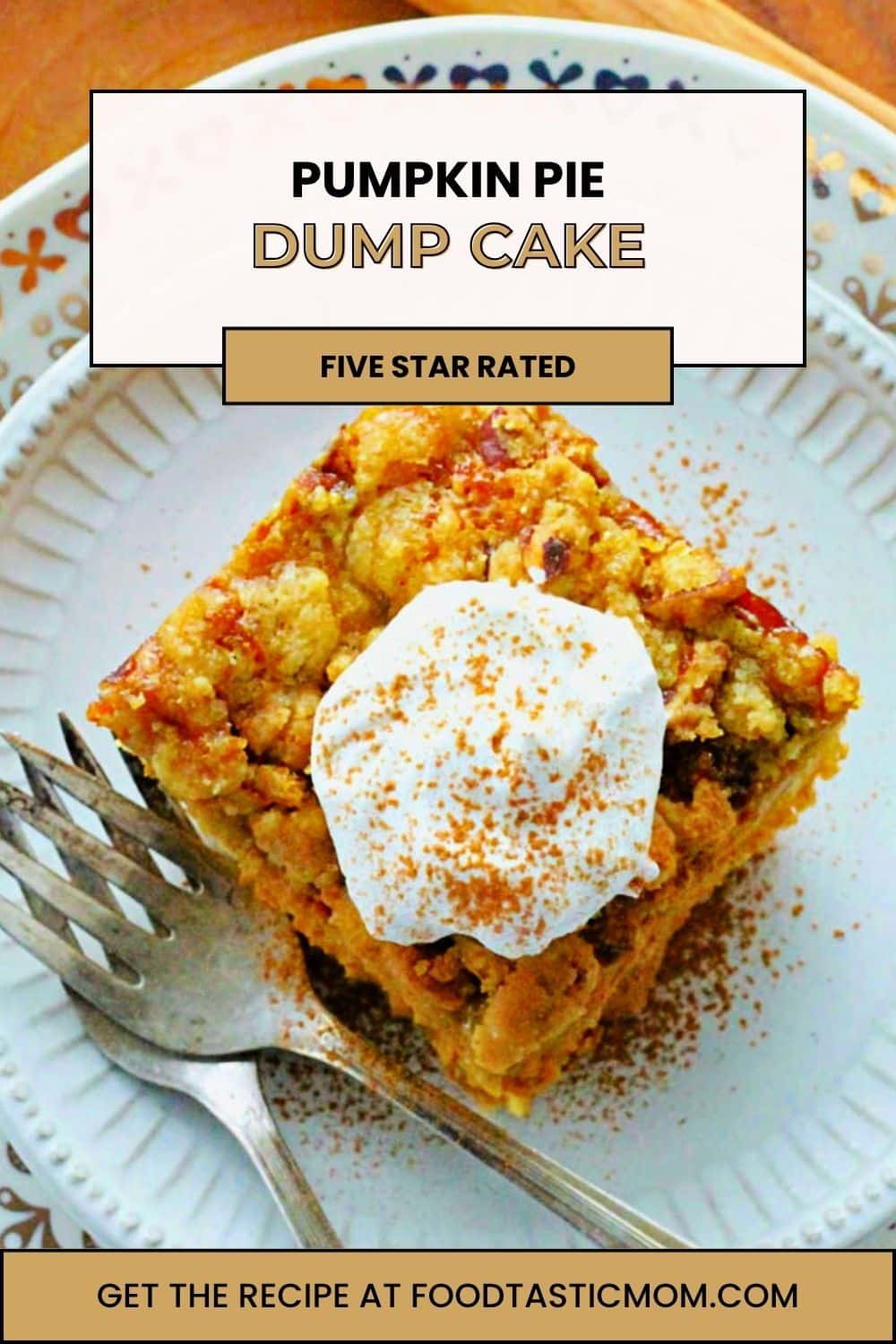 Pumpkin pie dump cake is a layered dessert. Tender yellow cake is topped with pumpkin pie filling and pecan streusel. via @foodtasticmom