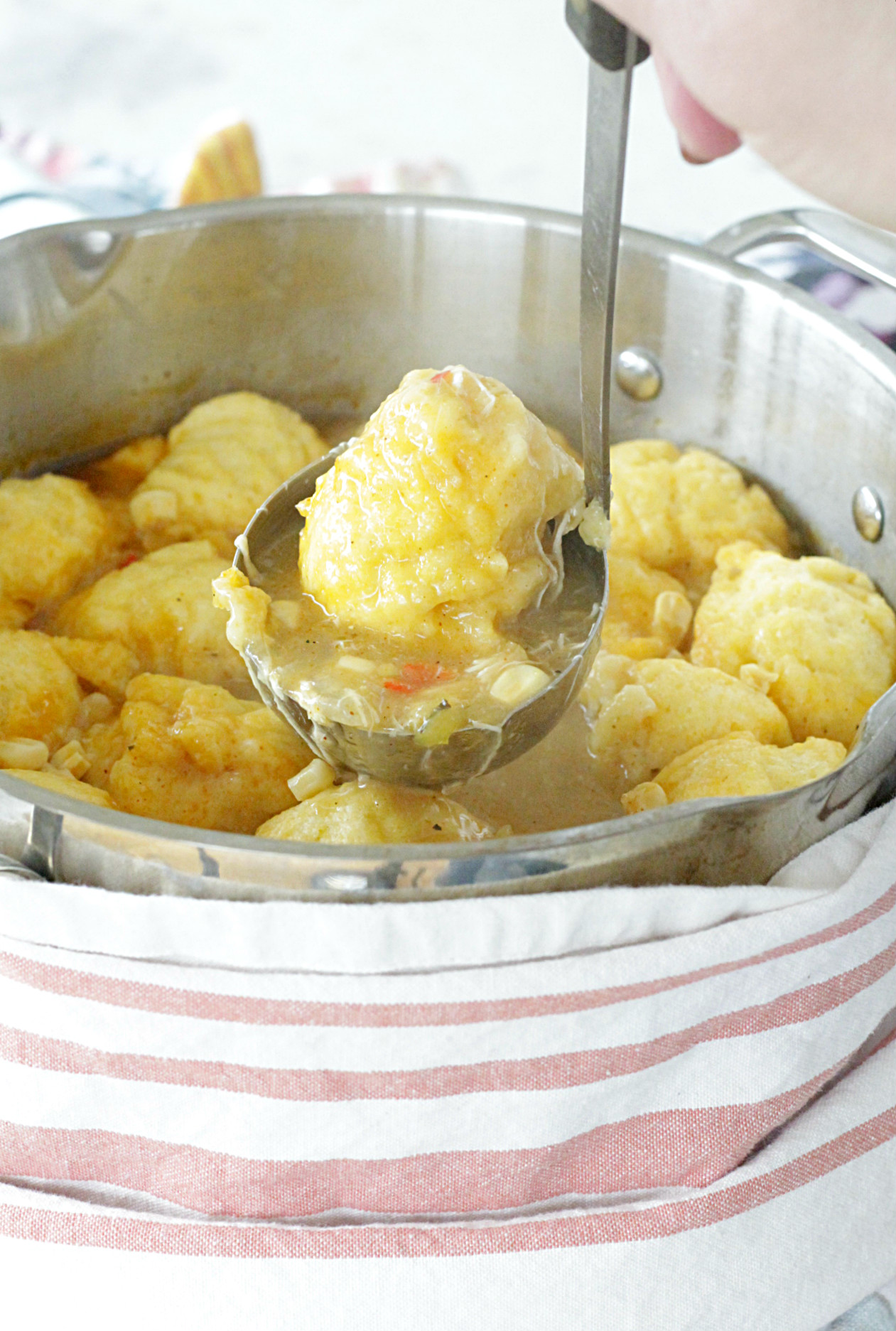 southwest chicken and dumplings in pot with ladle