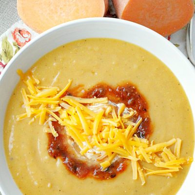 southwester sweet potato soup in bowl overhead view