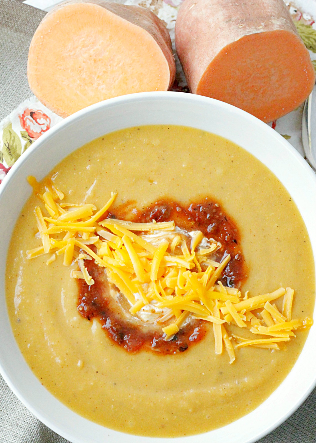 southwester sweet potato soup in bowl overhead view