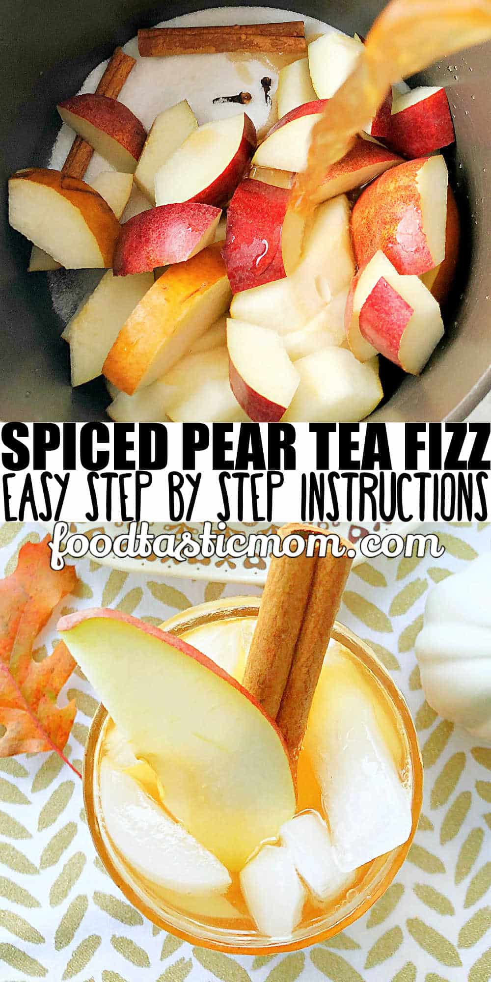 Spiced Pear Tea Fizz is a perfect non-alcoholic cocktail for the holidays, combining iced tea with a pear cinnamon simple syrup and ginger beer. via @foodtasticmom