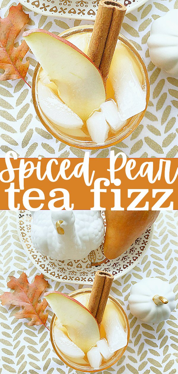 Spiced Pear Tea Fizz is a perfect non-alcoholic cocktail for the holidays, combining iced tea with a pear cinnamon simple syrup and ginger beer. via @foodtasticmom