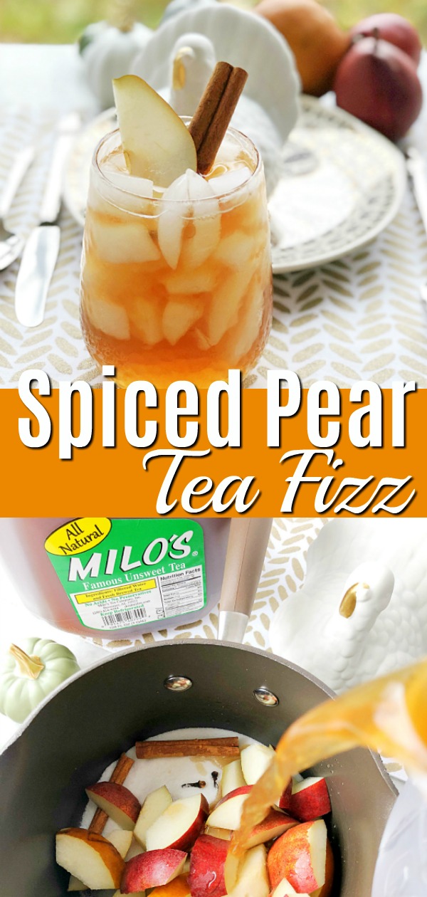 Spiced Pear Tea Fizz is a perfect non-alcoholic cocktail for the holidays, combining iced tea with a pear cinnamon simple syrup and ginger beer. via @foodtasticmom