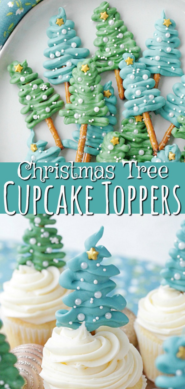 These Christmas Tree Cupcake Toppers are a simple and festive way to decorate a dozen cupcakes for the holidays. Made with pretzel sticks, candy melts and sprinkles. via @foodtasticmom