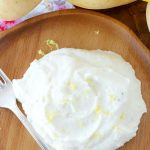 goat cheese lemon mashed potatoes on wooden plate with fork