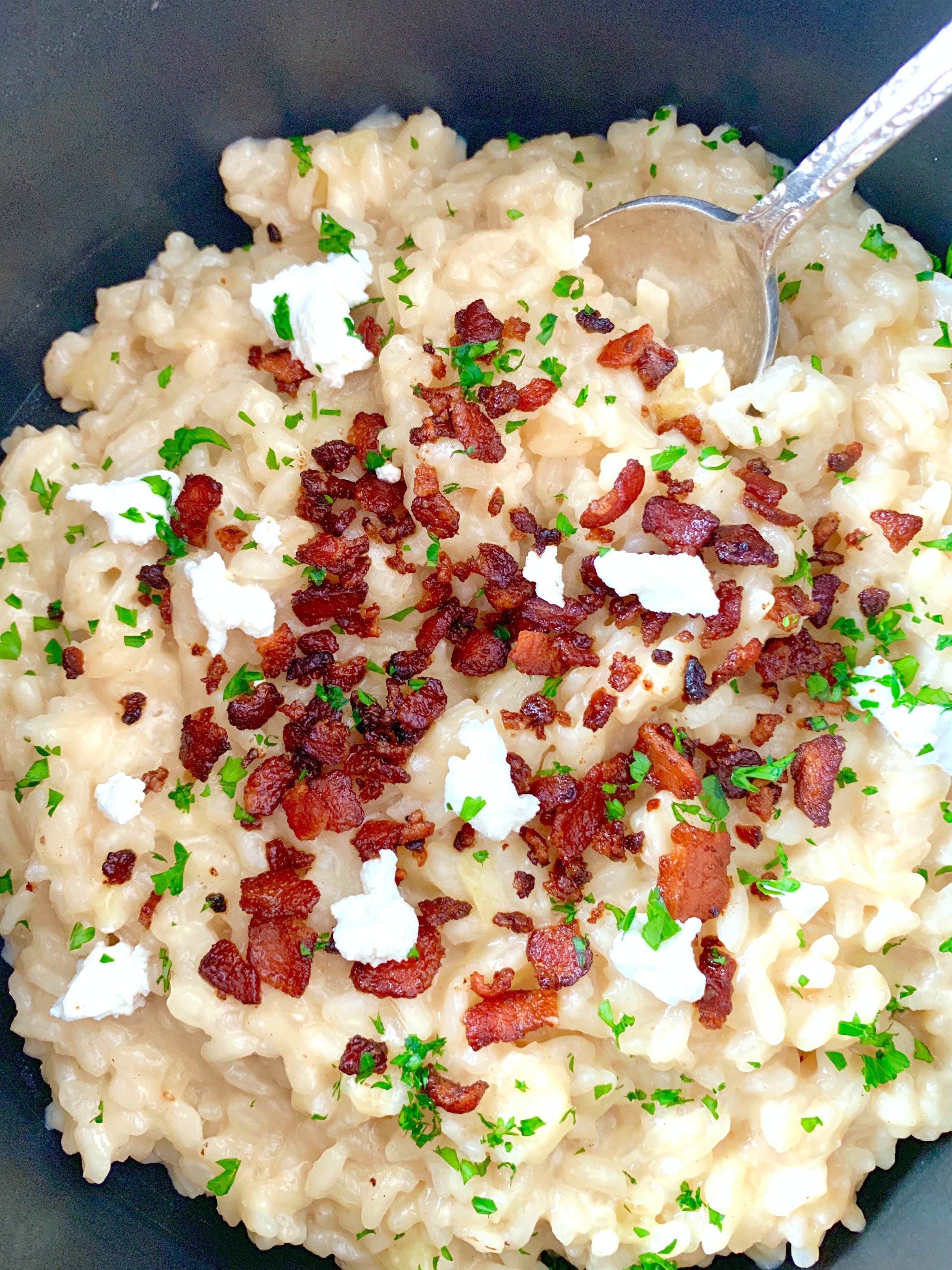bacon apple risotto with goat cheese close up of risotto in farberware neat nest pot