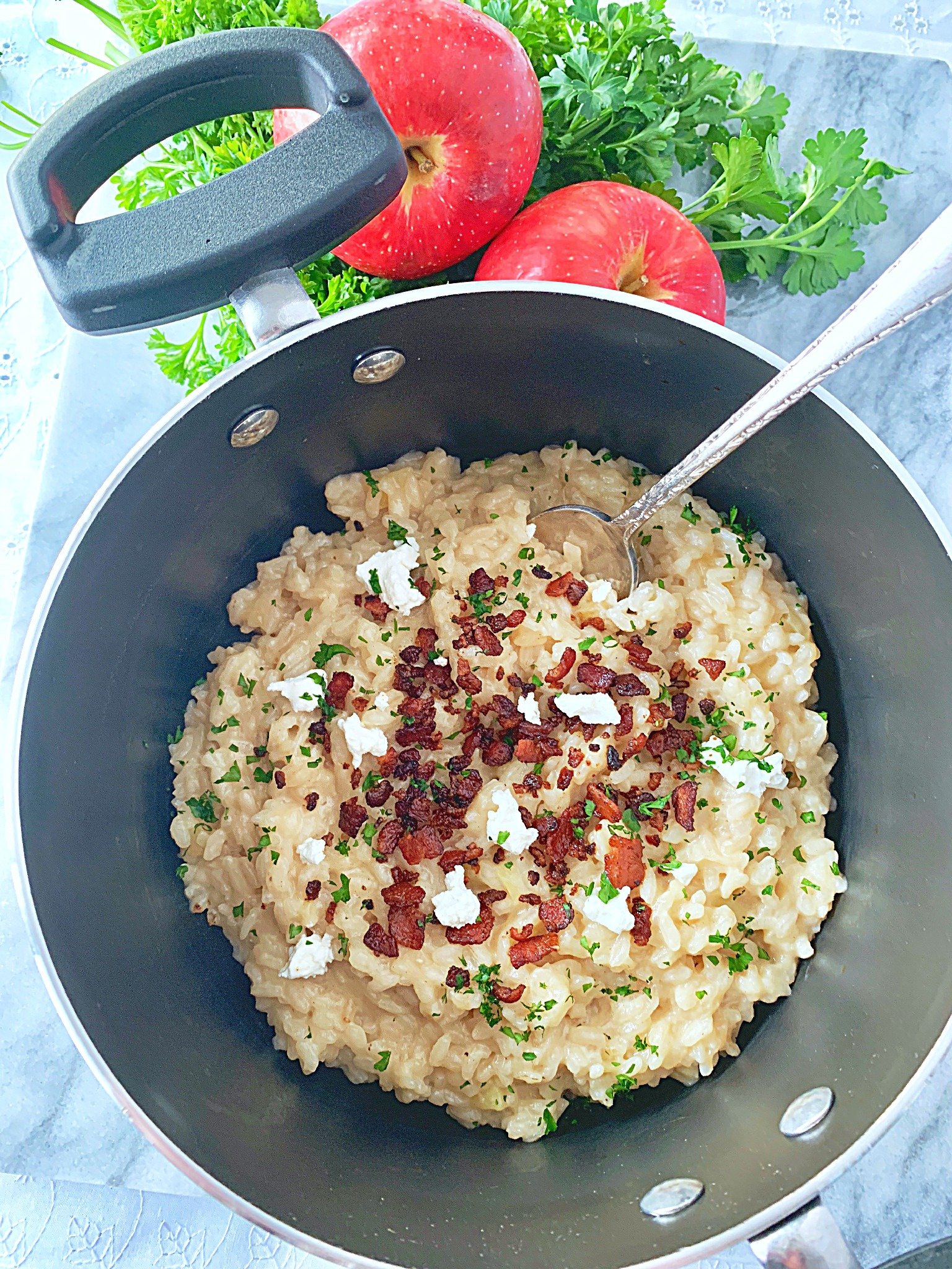 bacon apple risotto with goat cheese in farberware neat nest saucepot