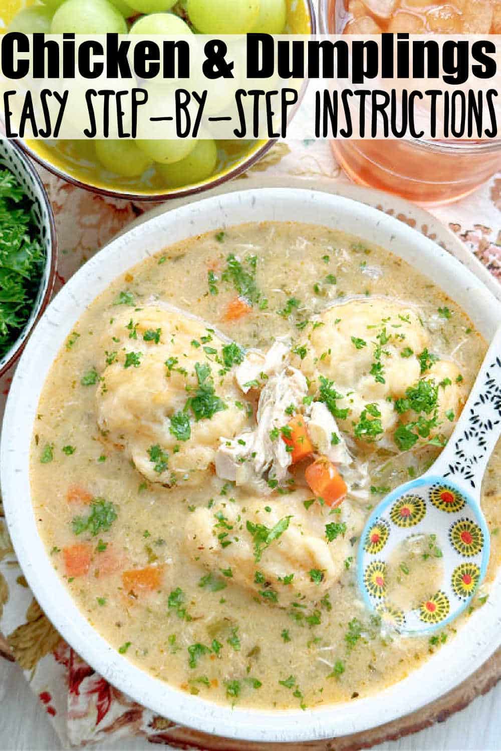 An easy chicken and dumplings recipe made with rotisserie chicken and homemade drop biscuit dumplings.