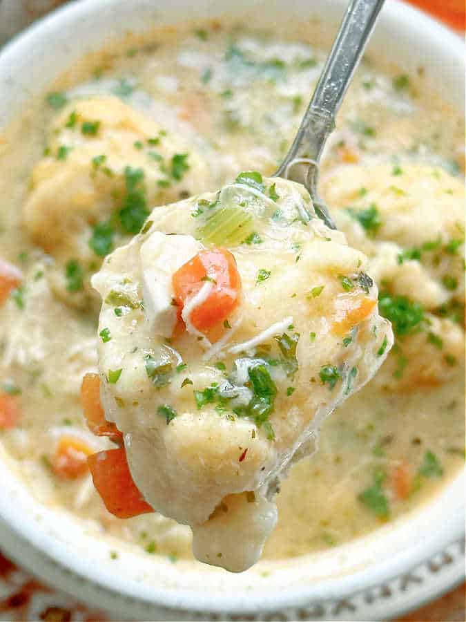 taking a bite from a bowl of chicken and dumplings