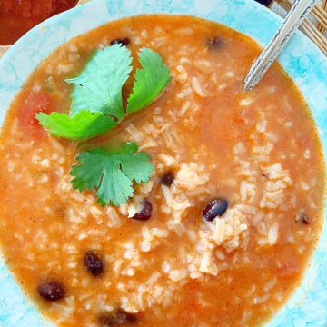 mexican rice and bean soup in a bowl