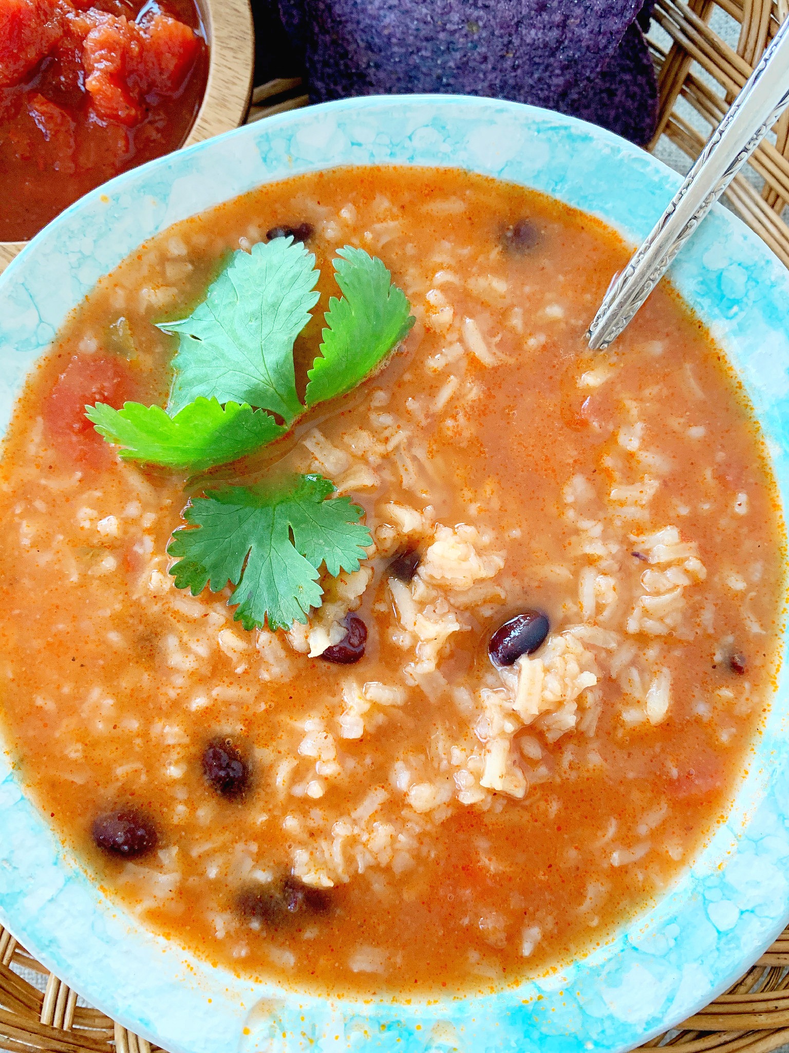 mexican rice and bean soup in a bowl