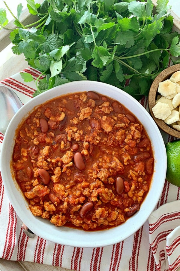 crockpot turkey chili in a bowl - overhead view