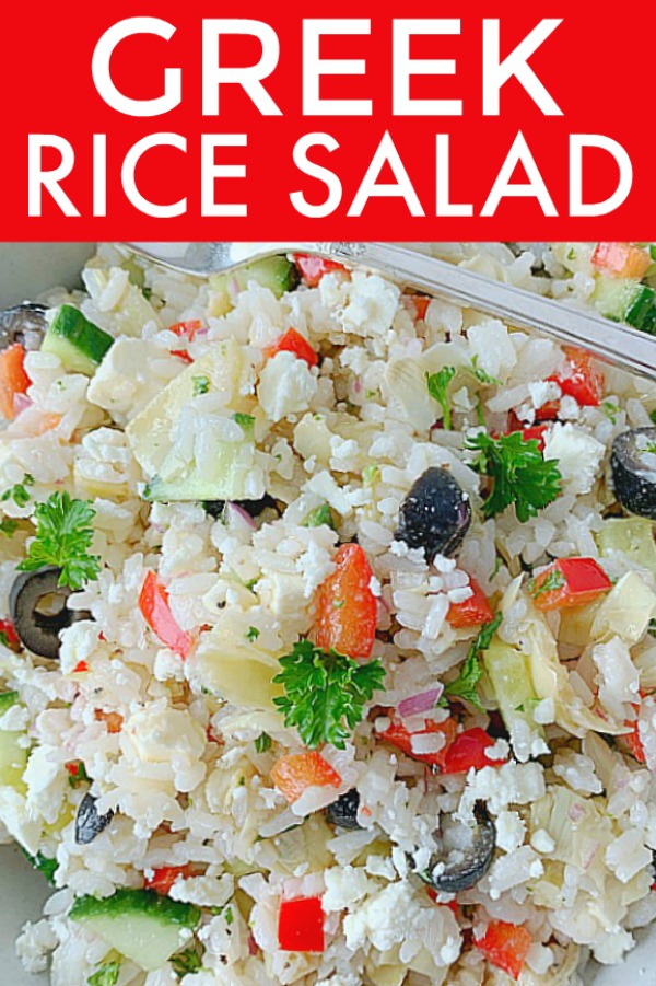 Greek Rice Salad starts with perfectly cooked rice and just might become your new favorite salad. It's also a gluten-free option to serve instead of pasta salad. via @foodtasticmom