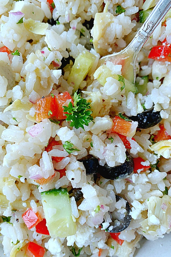 close up of greek rice salad