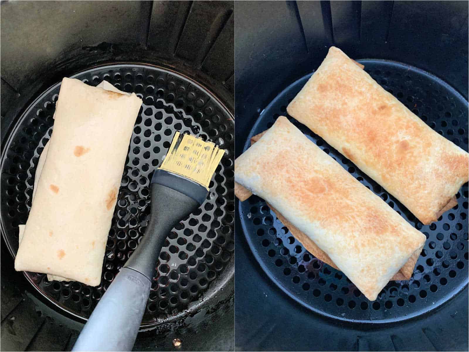 showing the chimichangas being brushed with oil in the air fryer basket