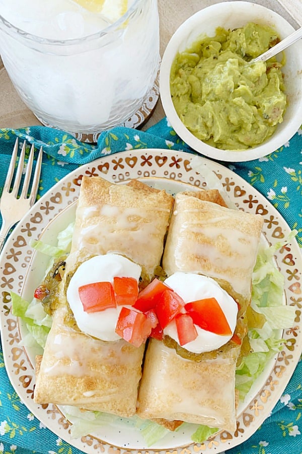 overhead view of air fryer chicken chimichangas