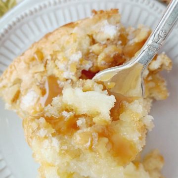 slice of french country apple cake drizzled with caramel sauce