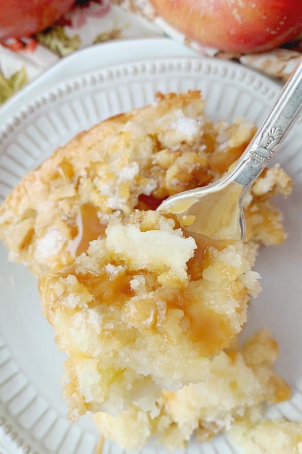 slice of french country apple cake drizzled with caramel sauce