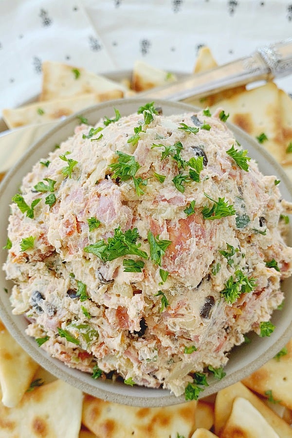 overhead view of italian cream cheese dip in bowl