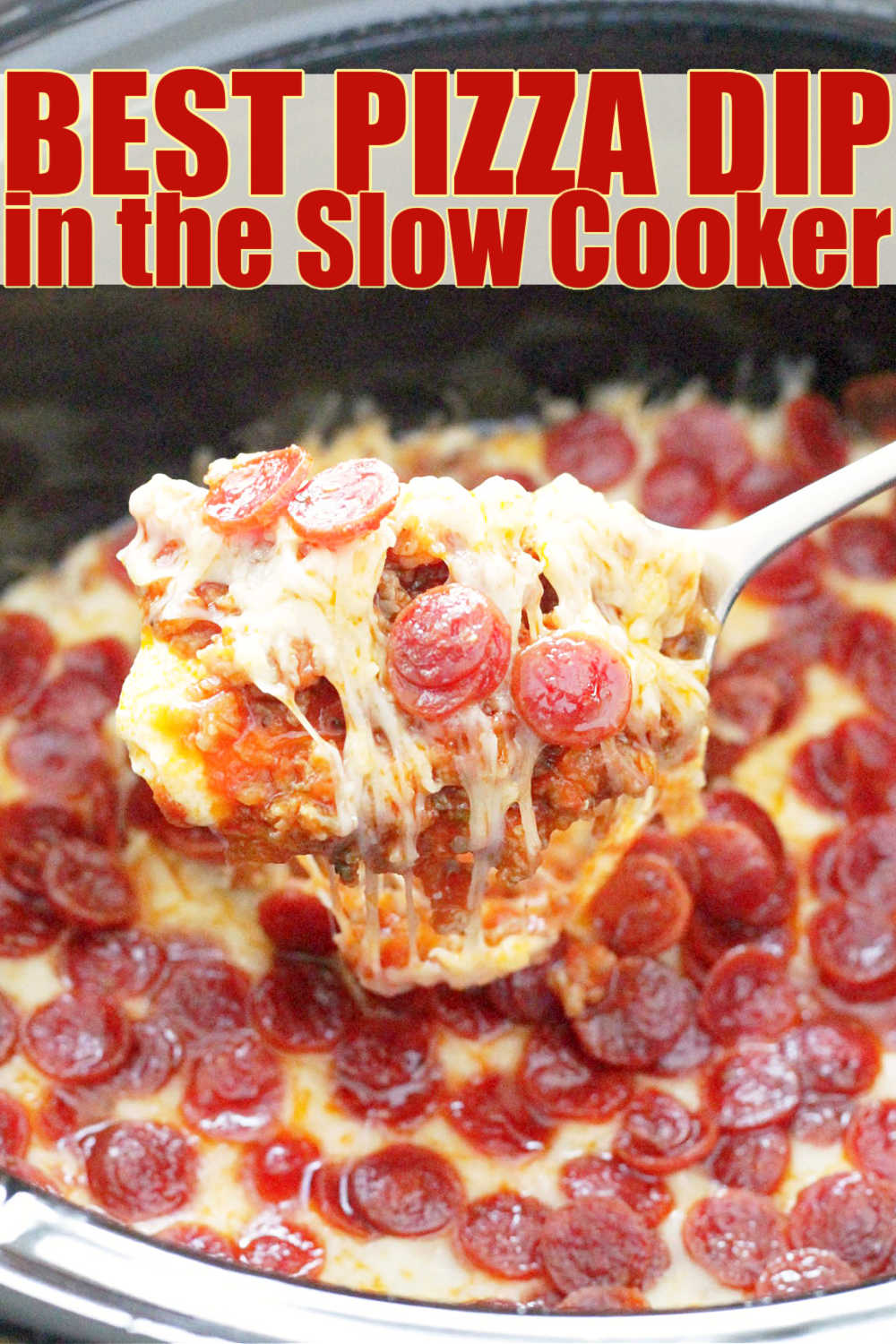 My Pizza Dip is loaded with cheese, pepperoni and sausage and is made for the slow cooker, so the cheese stays hot and melty. via @foodtasticmom