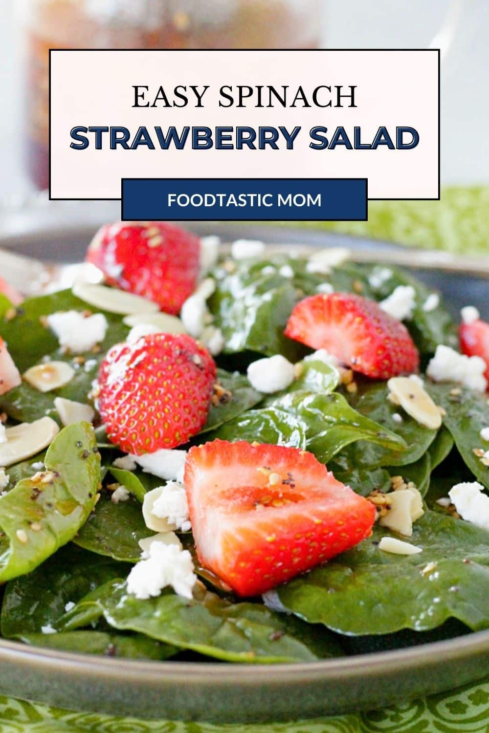 I've made this Spinach Strawberry Salad so many times I've lost count. It's always a crowd-pleaser. Fresh spinach, strawberries, goat cheese and sliced almonds are topped with a sweet and sour toasted sesame seed dressing. via @foodtasticmom