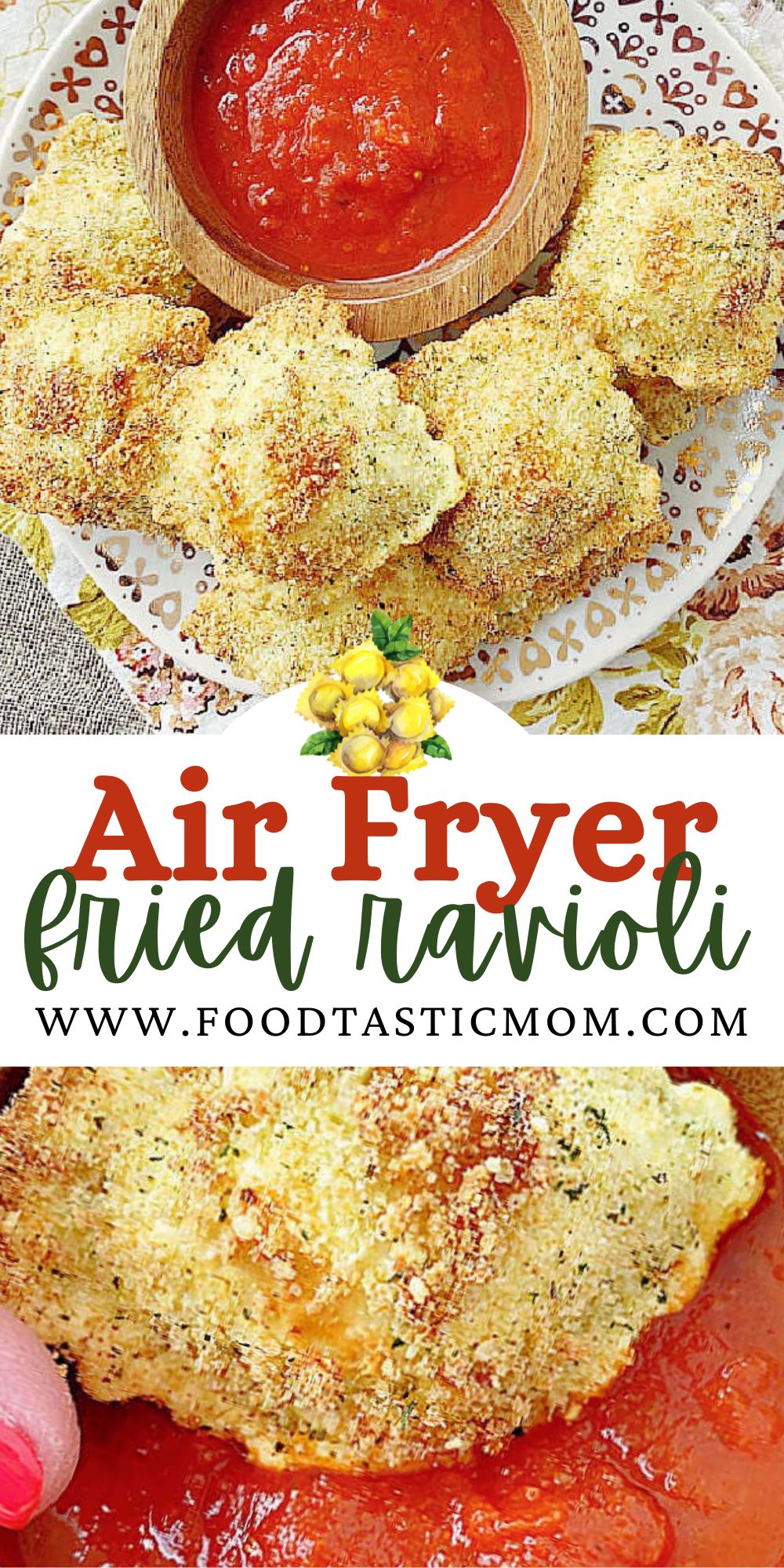 Air Fryer Ravioli coats fresh cheese ravioli with egg and bread crumbs and cooks them to crispy perfection for dipping in marinara sauce. via @foodtasticmom