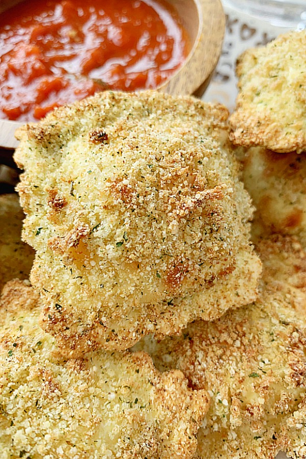 close up of air fryer ravioli