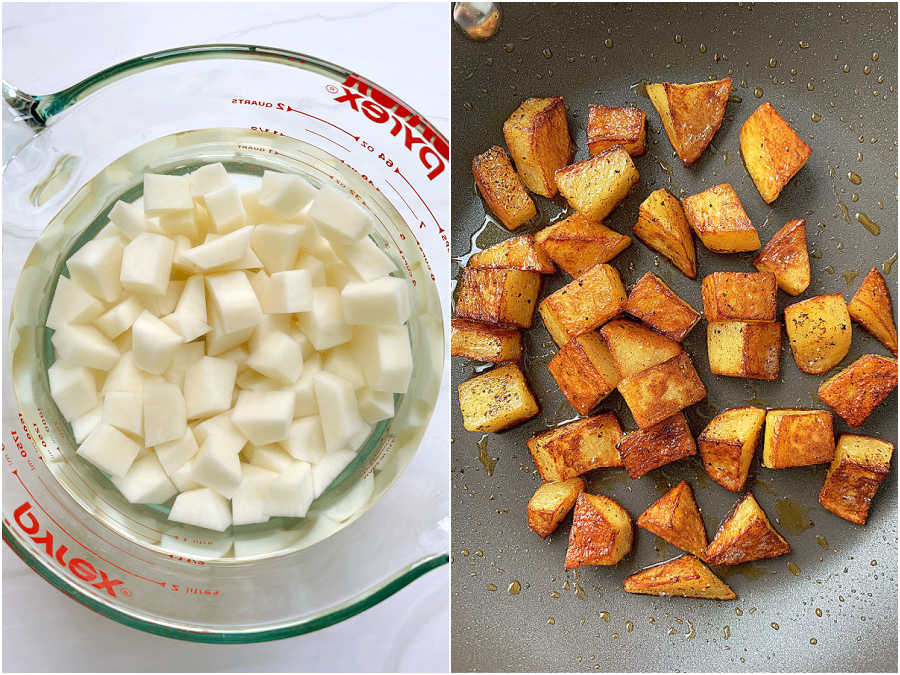 showing how to make breakfast potatoes - heating in microwave then frying in skillet