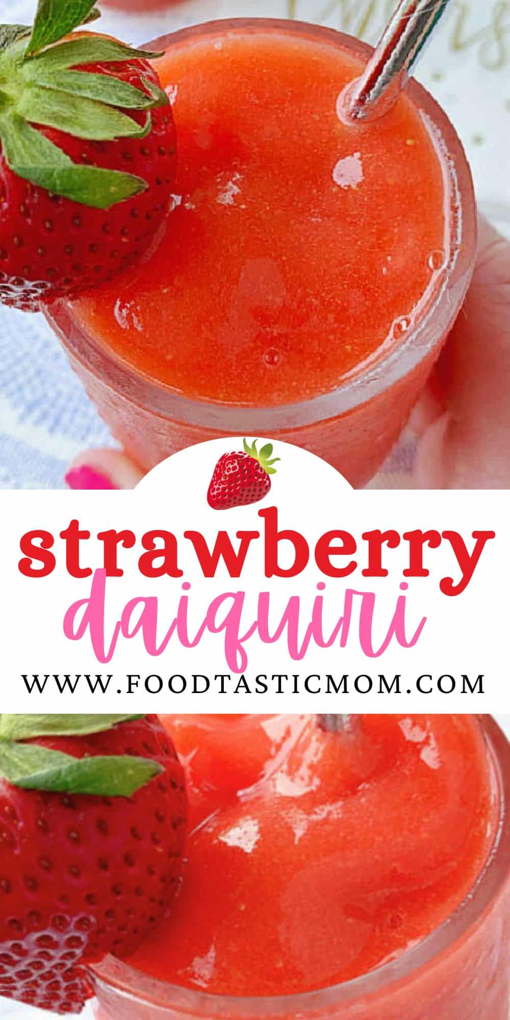 The best strawberry daiquiri is made with simple ingredients - frozen berries, the best rum, strawberry jam, powdered sugar and cardamom. via @foodtasticmom