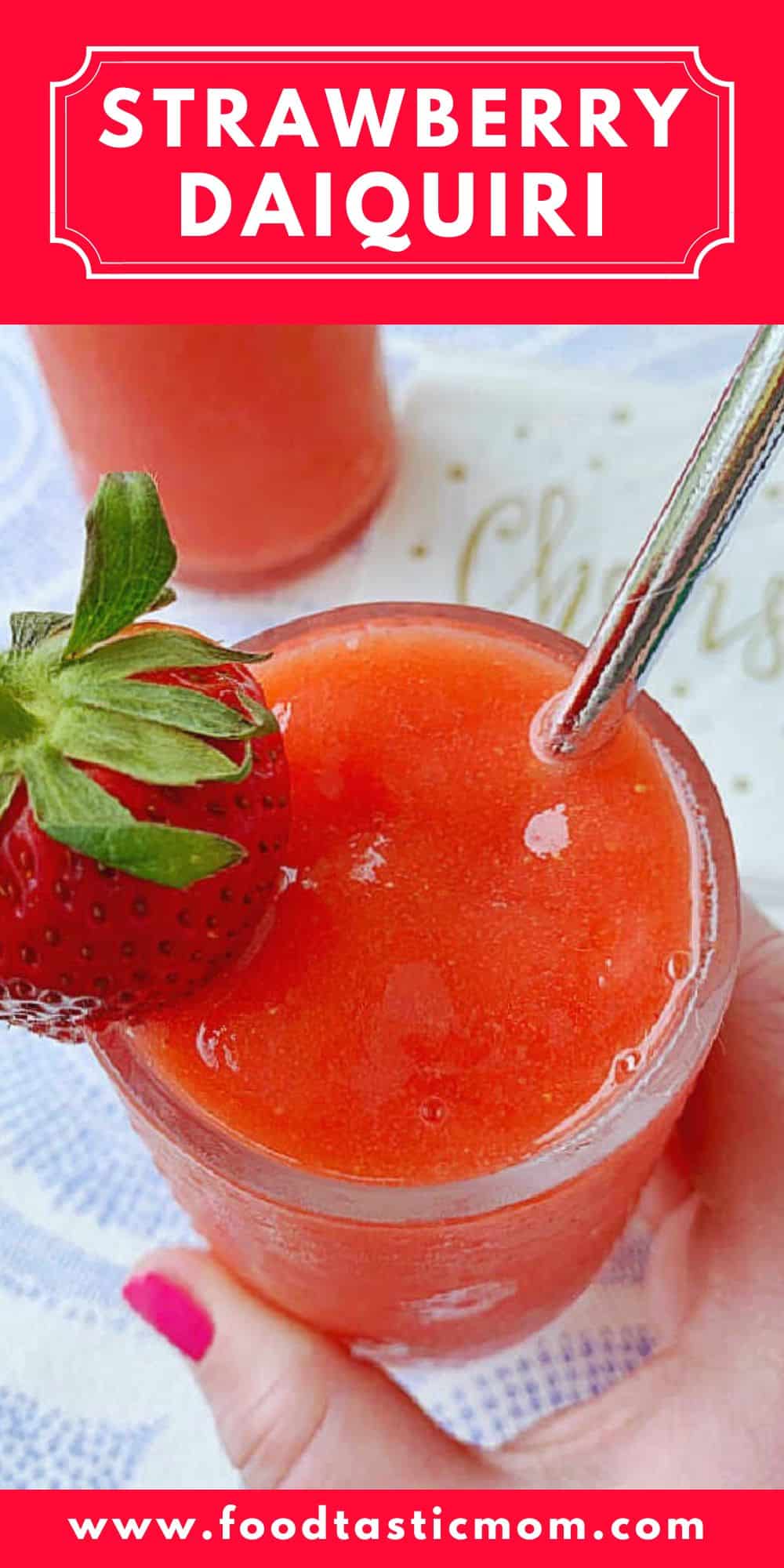 The best strawberry daiquiri is made with simple ingredients - frozen berries, the best rum, strawberry jam, powdered sugar and cardamom. via @foodtasticmom