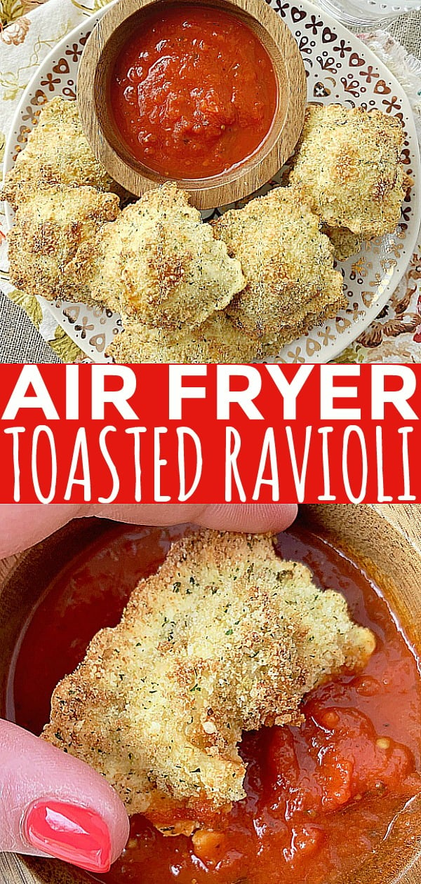 Air Fryer Ravioli coats fresh cheese ravioli with egg and bread crumbs and cooks them to crispy perfection for dipping in marinara sauce. via @foodtasticmom