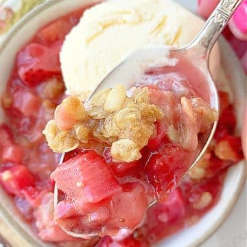 a serving of bright pink and red strawberry rhubarb crisp topped with a scoop of vanilla ice cream