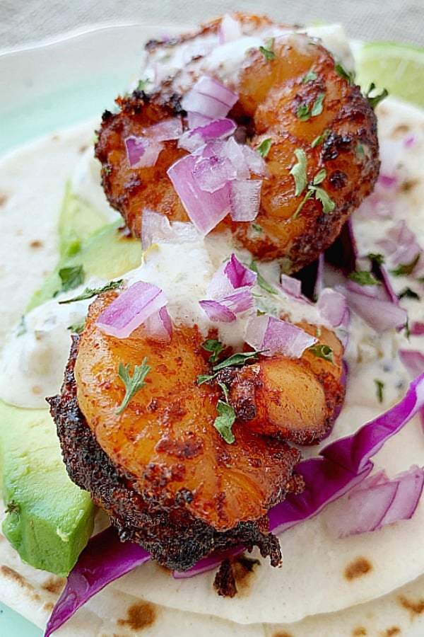 close up view of air fryer shrimp taco