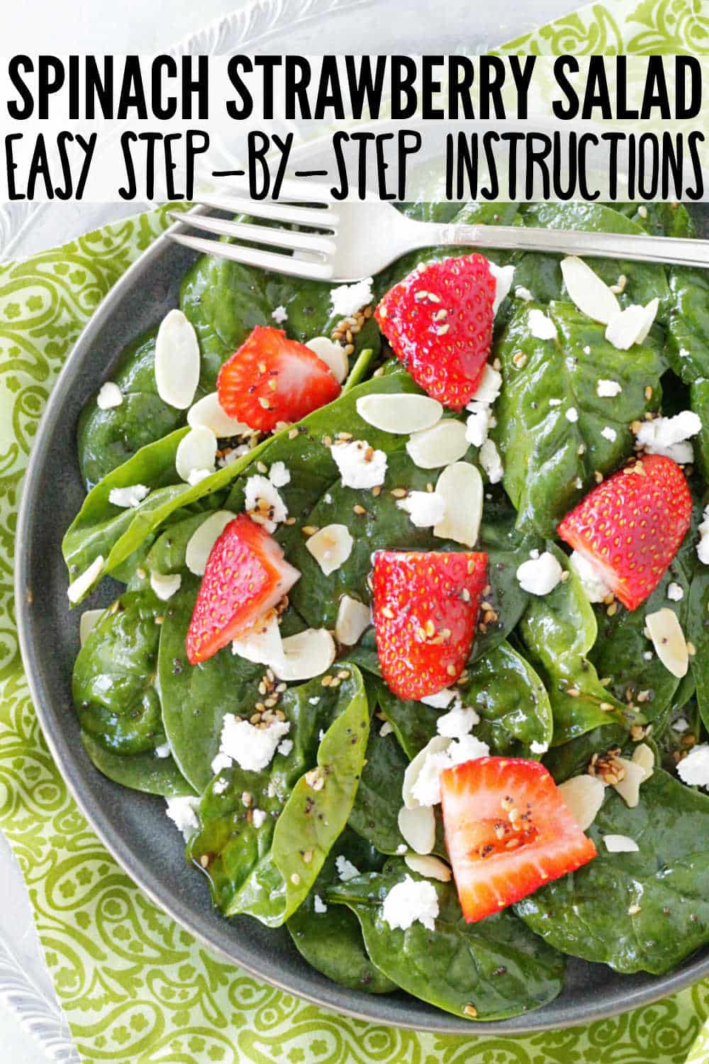 I've made this Spinach Strawberry Salad so many times I've lost count. It's always a crowd-pleaser. Fresh spinach, strawberries, goat cheese and sliced almonds are topped with a sweet and sour toasted sesame seed dressing. via @foodtasticmom