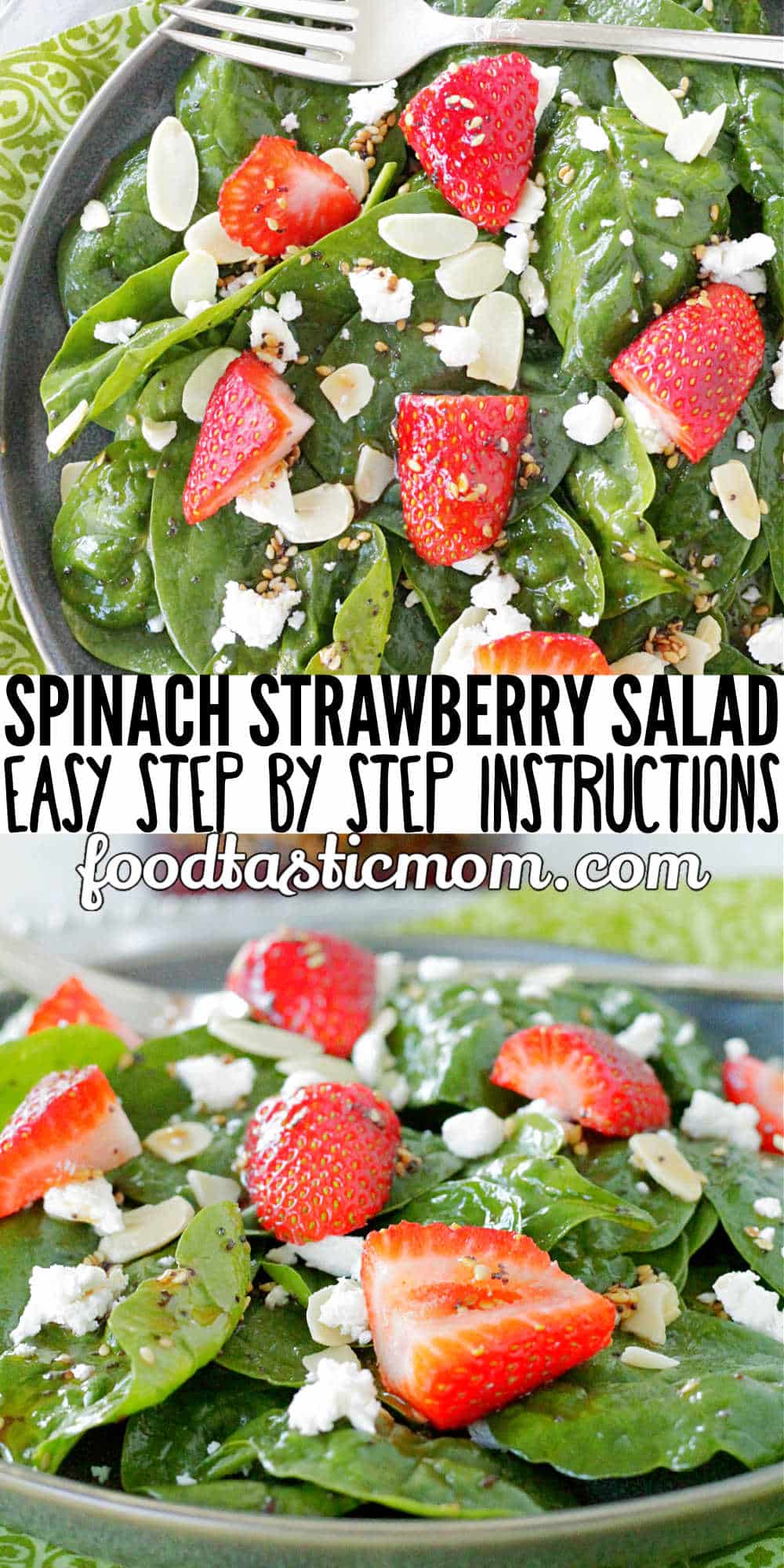 I've made this Spinach Strawberry Salad so many times I've lost count. It's always a crowd-pleaser. Fresh spinach, strawberries, goat cheese and sliced almonds are topped with a sweet and sour toasted sesame seed dressing. via @foodtasticmom
