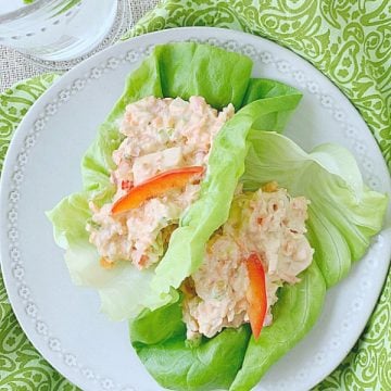 overhead view of thai chicken salad lettuce wraps on plate