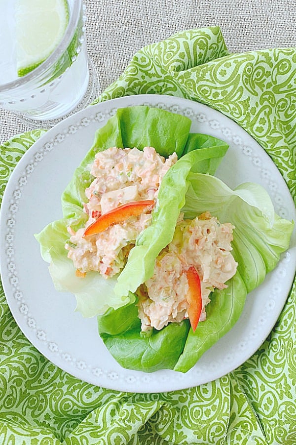 overhead view of thai chicken salad lettuce wraps on plate