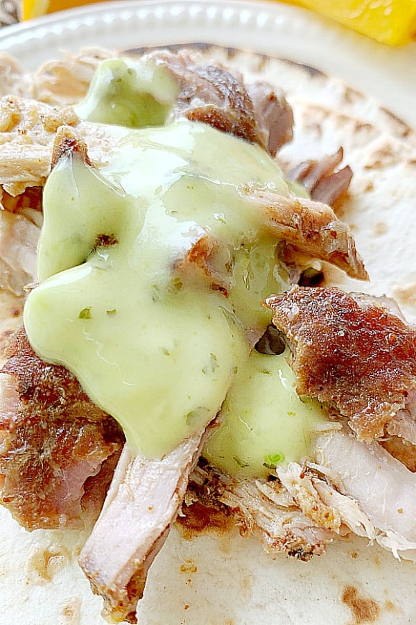 pork carnitas topped with green sauce