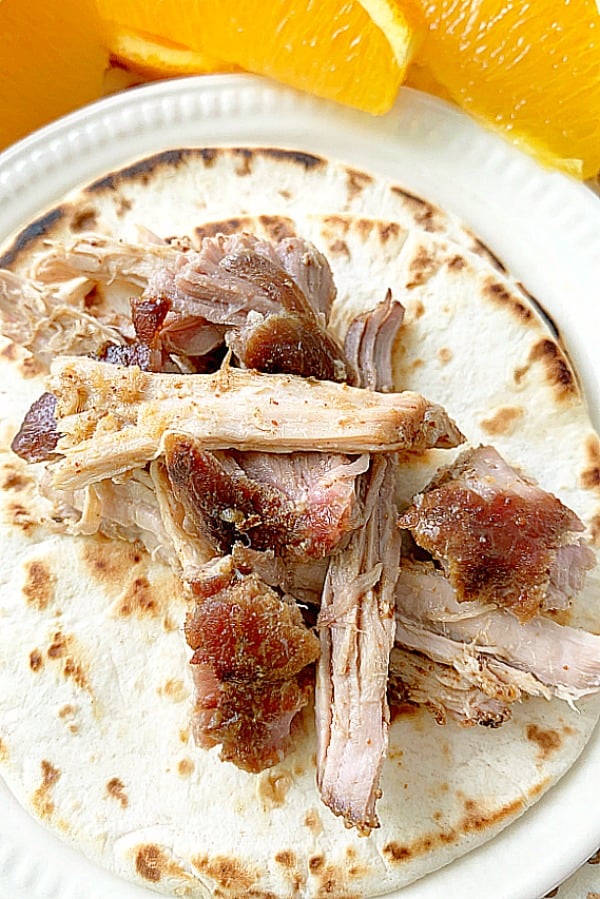 pork carnitas on a tortilla