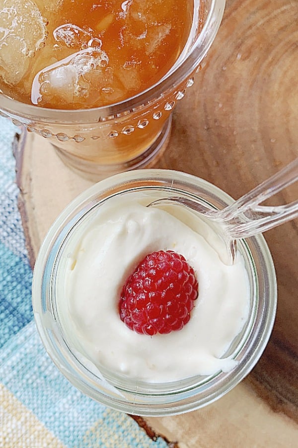 raspberry peach tea trifle with glass of milo's iced tea