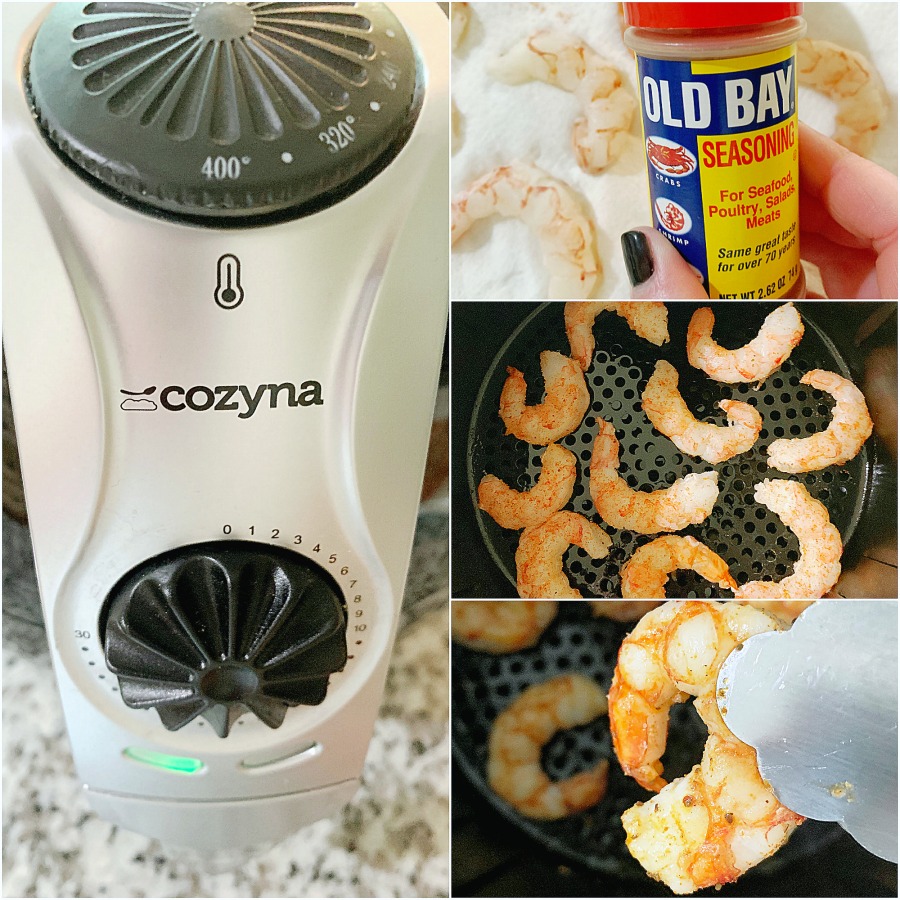 collage of shrimp being cooked in the air fryer